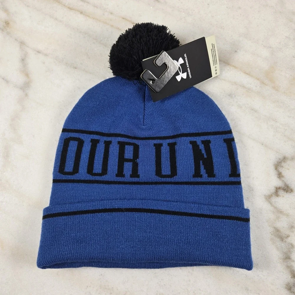 Under Armour Cuffed Fold Beanie Logo Winter Pom Athletic Royal Blue Men's OSFM
